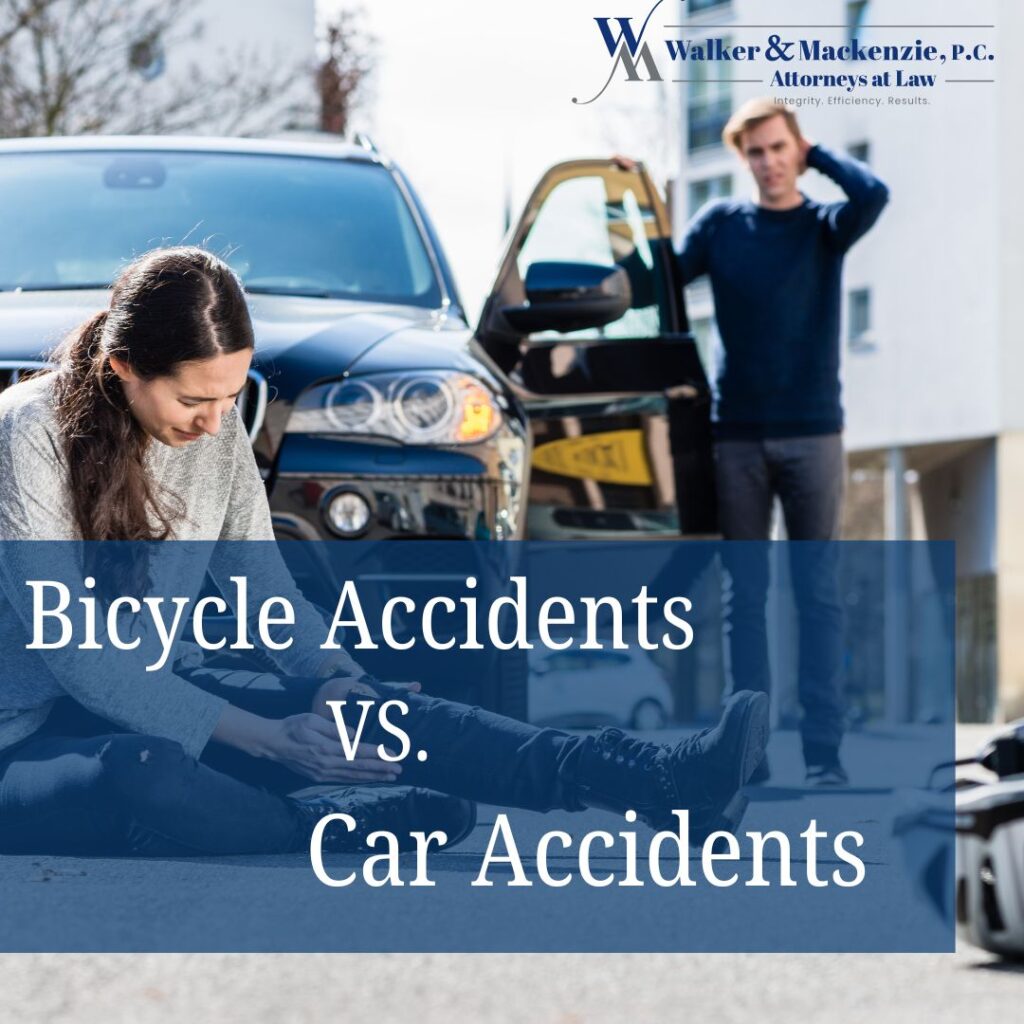 Woman sitting on the ground beside a car, holding her leg. Another person stands nearby. Text overlay: "Bicycle Accidents vs. Car Accidents.