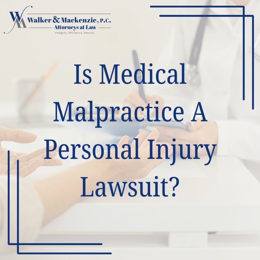 Two people sit at a table discussing medical malpractice as a personal injury lawsuit, with a legal firm's logo in the corner.