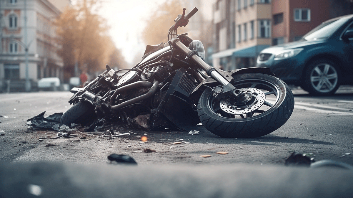 A motorcycle lies damaged on a city street surrounded by debris, with nearby cars and buildings under a hazy sky.